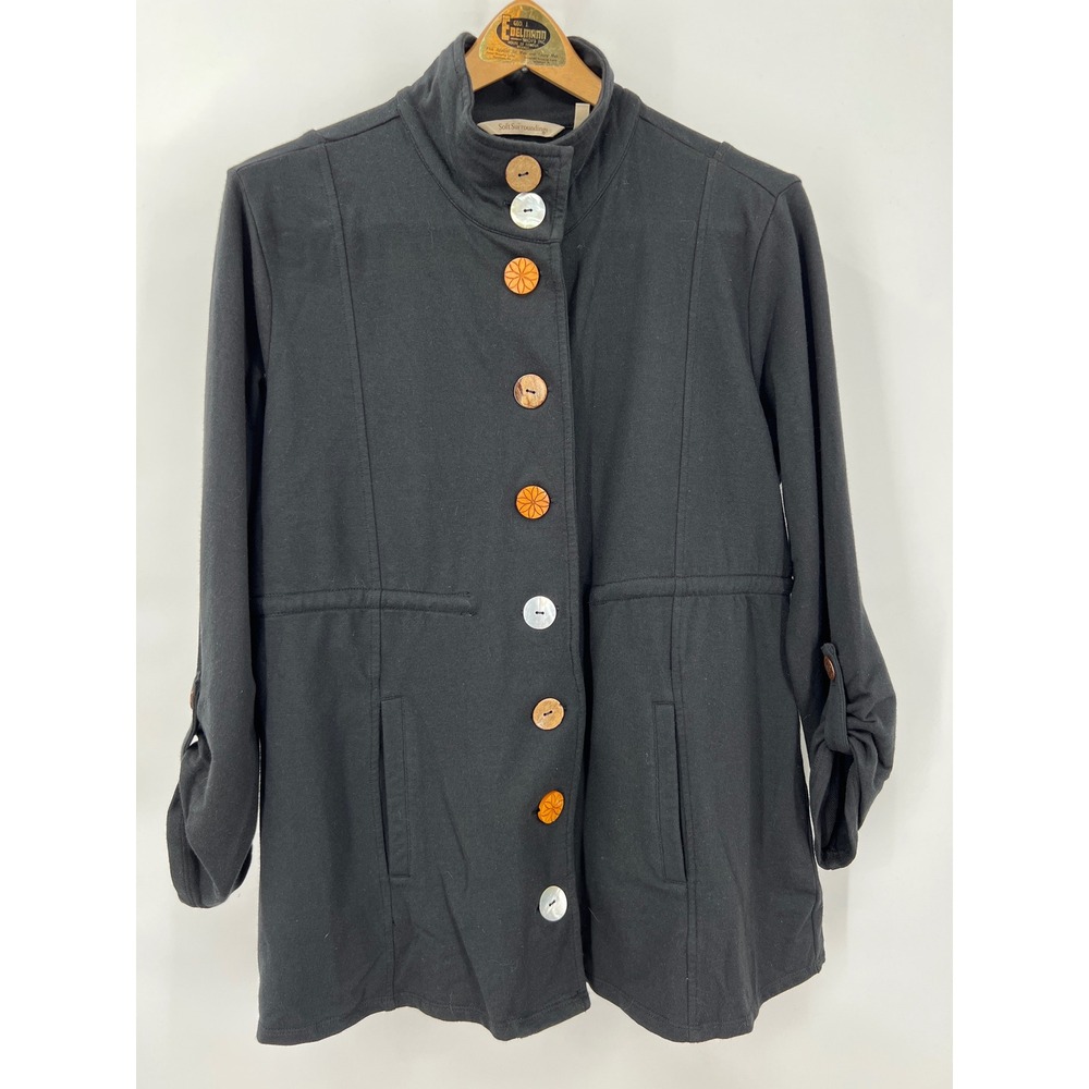 Soft Surroundings Womens PM Black Mixed Button Front Jacket Drawstring Waist